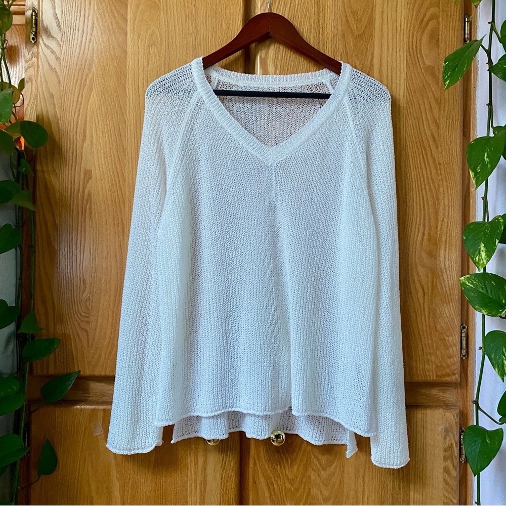 White Open Knit Vneck Flowy High Low Oversized Korean Sweater
